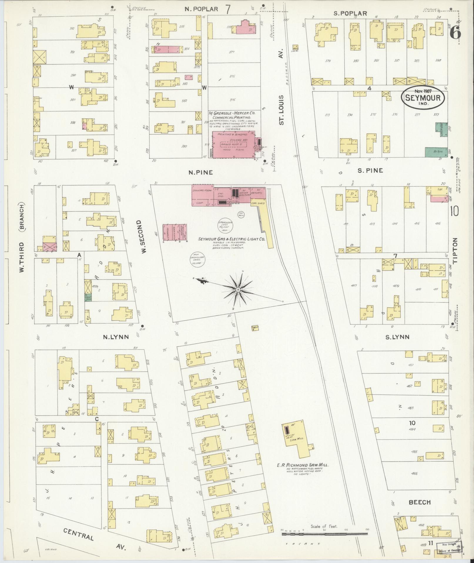 Sanborn Fire Insurance Map from Seymour, Jackson County, Indiana (1907), Sheet #0006 - Complete Map Set gallery image, historic Sanborn map, vintage wall art, Indiana Indiana