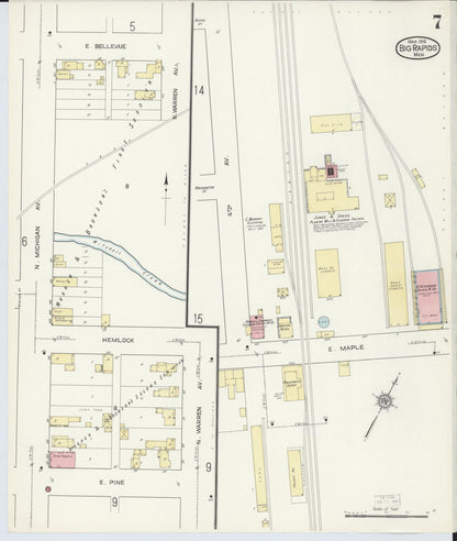 Sanborn Fire Insurance Map from Big Rapids, Mecosta County, Michigan (1914), Sheet #0007 - Complete Map Set gallery image, historic Sanborn map, vintage wall art, Michigan Michigan