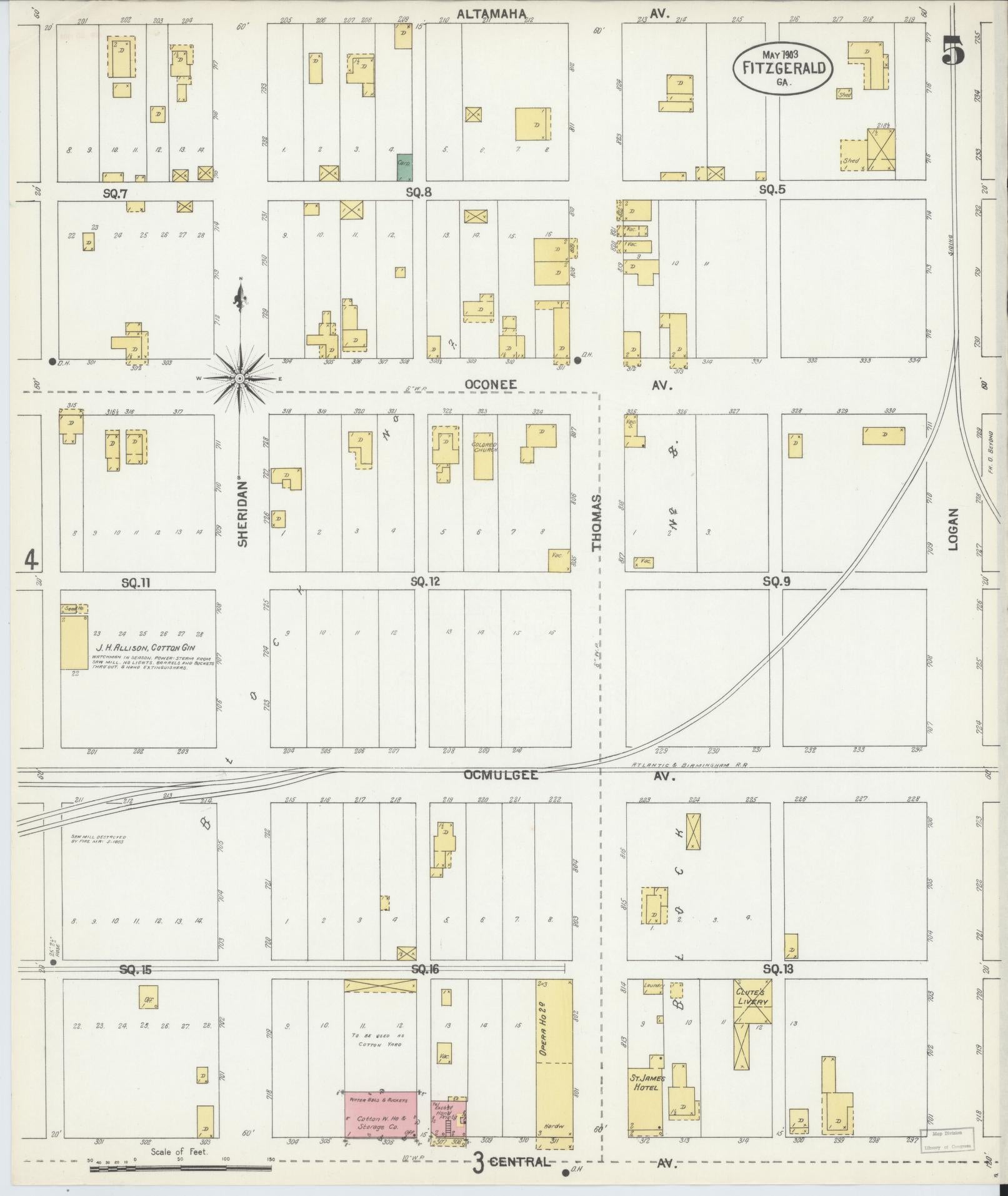 Sanborn Fire Insurance Map from Fitzgerald, Ben Hill County, Georgia (1903), Sheet #0005 - Complete Map Set gallery image, historic Sanborn map, vintage wall art, Georgia Georgia