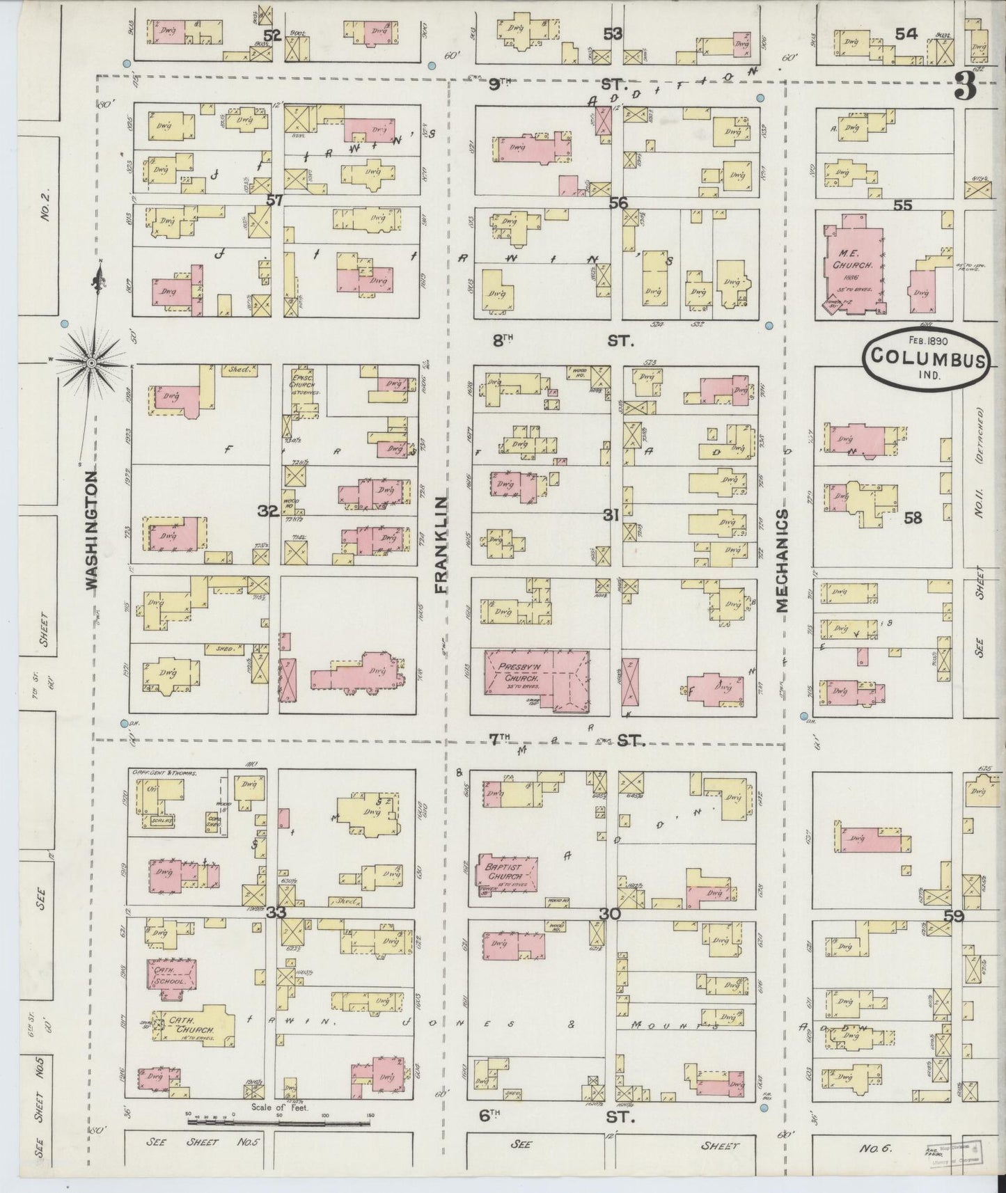 Sanborn Fire Insurance Map from Columbus, Bartholomew County, Indiana (1890), Sheet #0003 - Complete Map Set gallery image, historic Sanborn map, vintage wall art, Indiana Indiana