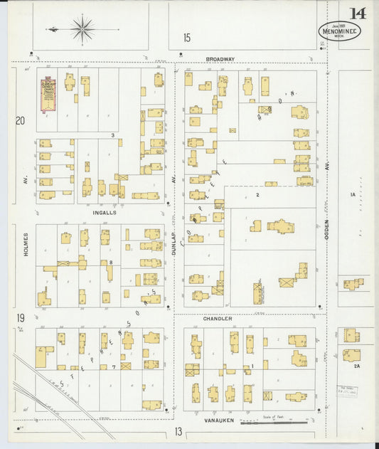 Sanborn Fire Insurance Map from Menominee, Menominee County, Michigan (1901), Sheet #0014 - Historic Sanborn Fire Insurance Map Print, vintage old map wall art, antique decor, genealogy gift, Michigan Michigan map