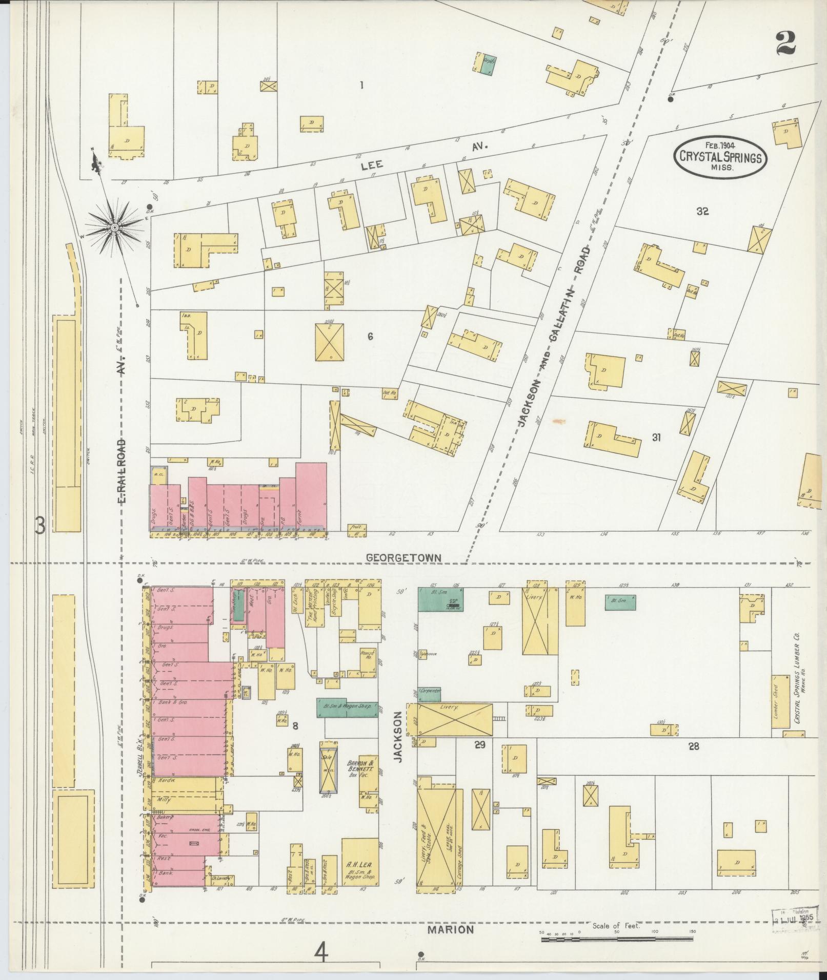 Sanborn Fire Insurance Map from Crystal Springs, Copiah County, Mississippi (1904), Sheet #0002 - Complete Map Set gallery image, historic Sanborn map, vintage wall art, Mississippi Mississippi