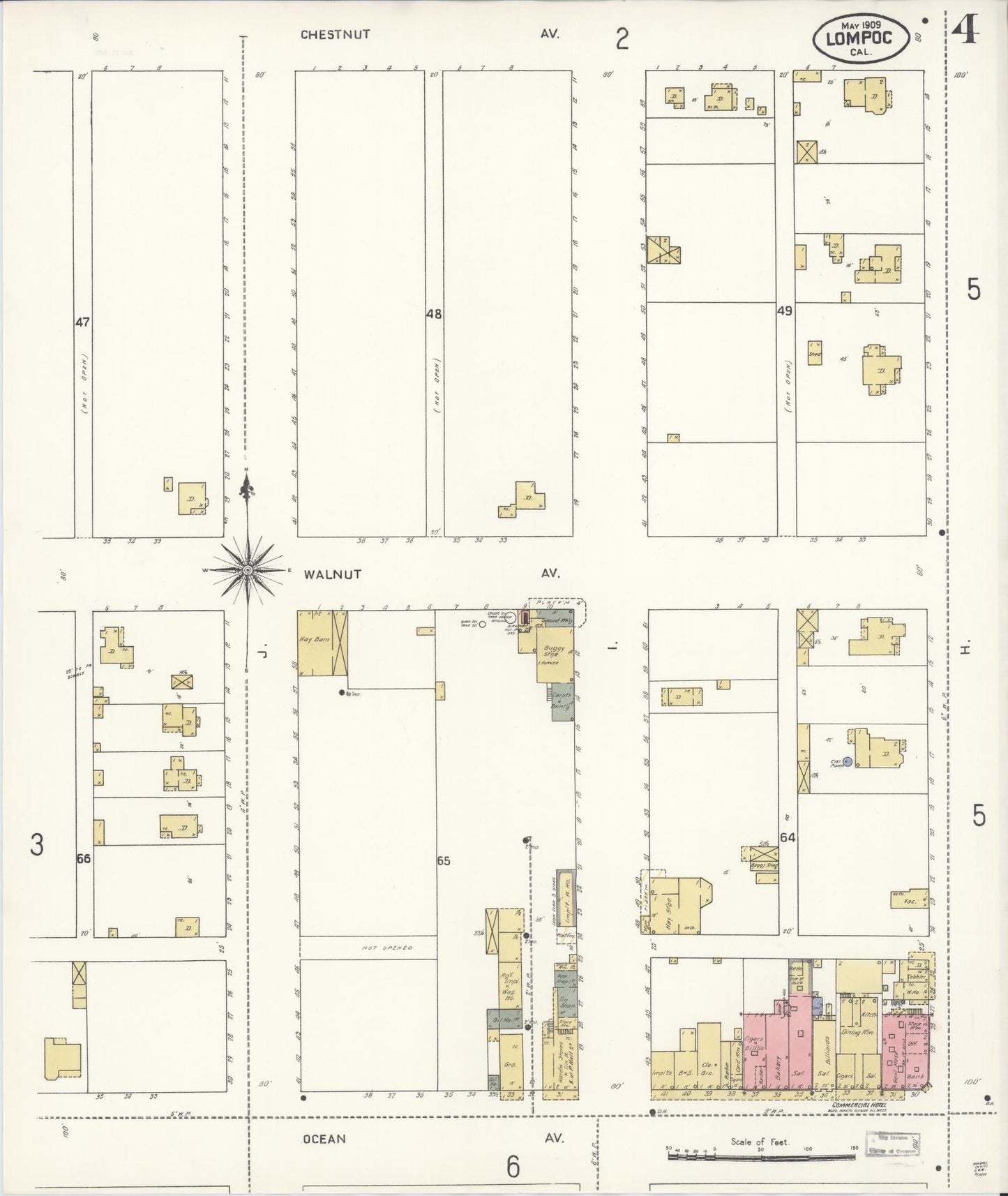 Sanborn Fire Insurance Map from Lompoc, Santa Barbara County, California (1909), Sheet #0004 - Historic Sanborn Fire Insurance Map Print, vintage old map wall art, antique decor, genealogy gift, California California map