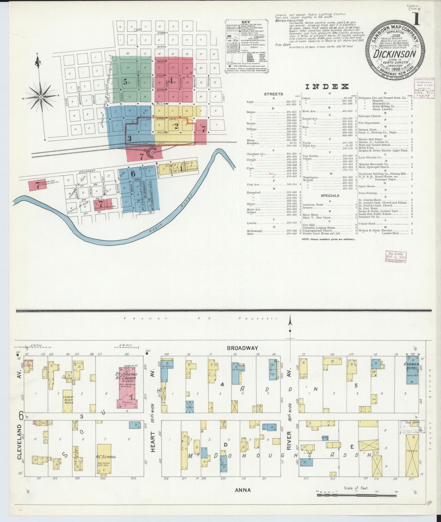 Sanborn Fire Insurance Map from Dickinson, Stark County, North Dakota (1908), Sheet #0001 - Historic Sanborn Fire Insurance Map Print, vintage old map wall art, antique decor, genealogy gift, North Dakota North Dakota map