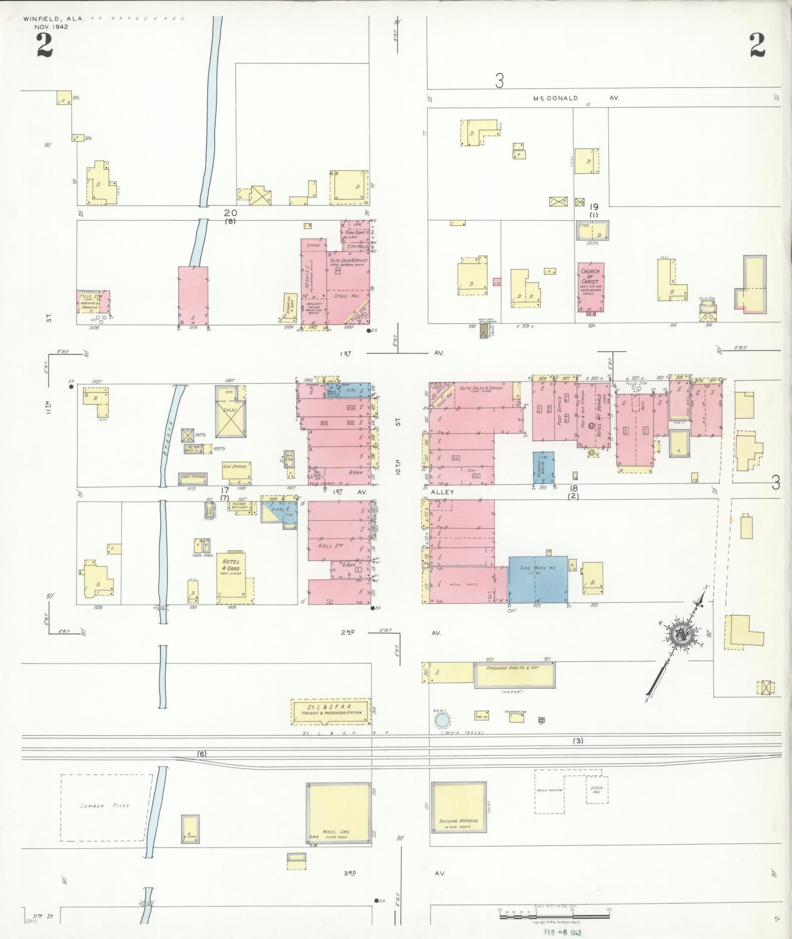 Sanborn Fire Insurance Map from Winfield, Marion County, Alabama (1942), Sheet #0002 - Historic Sanborn Fire Insurance Map Print, vintage old map wall art, antique decor, genealogy gift, Alabama Alabama map