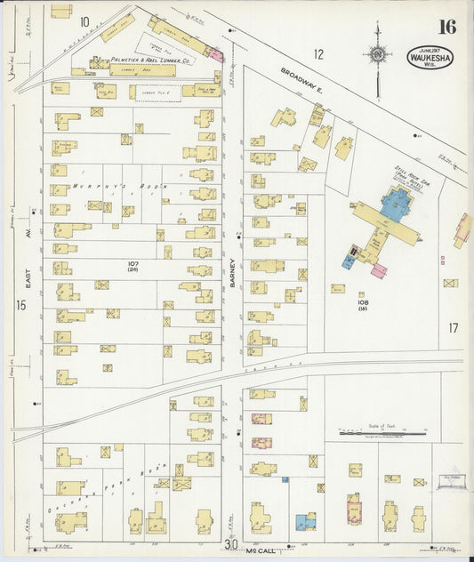 Sanborn Fire Insurance Map from Waukesha, Waukesha County, Wisconsin (1917), Sheet #0016 - Historic Sanborn Fire Insurance Map Print, vintage old map wall art, antique decor, genealogy gift, Wisconsin Wisconsin map