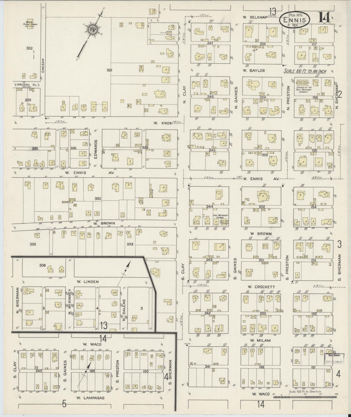 Sanborn Fire Insurance Map from Ennis, Ellis County, Texas (1915), Sheet #0014 - Complete Map Set gallery image, historic Sanborn map, vintage wall art, Texas Texas