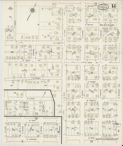 Sanborn Fire Insurance Map from Ennis, Ellis County, Texas (1915), Sheet #0014 - Complete Map Set gallery image, historic Sanborn map, vintage wall art, Texas Texas