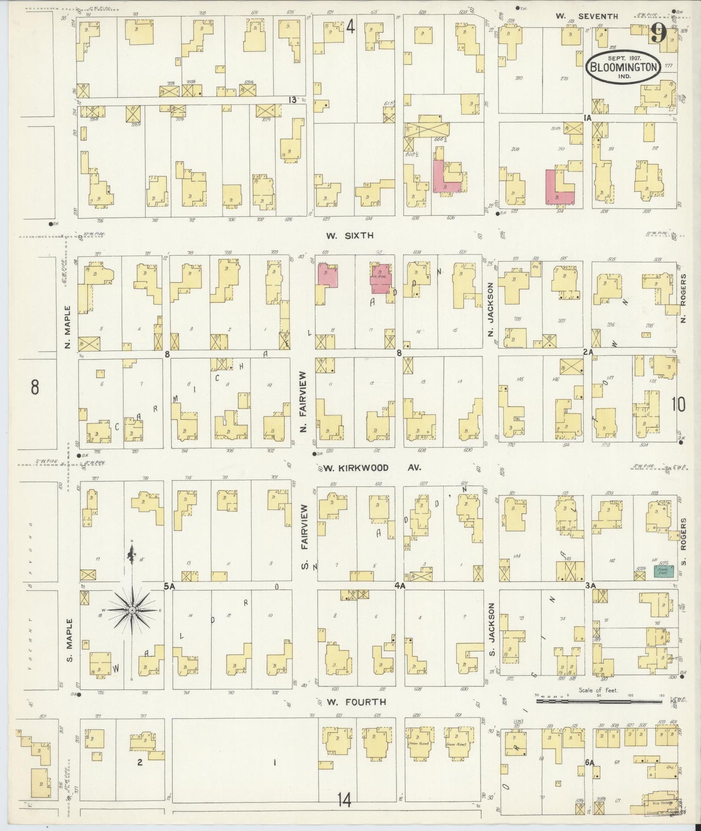 Sanborn Fire Insurance Map from Bloomington, Monroe County, Indiana (1907), Sheet #0009 - Complete Map Set gallery image, historic Sanborn map, vintage wall art, Indiana Indiana