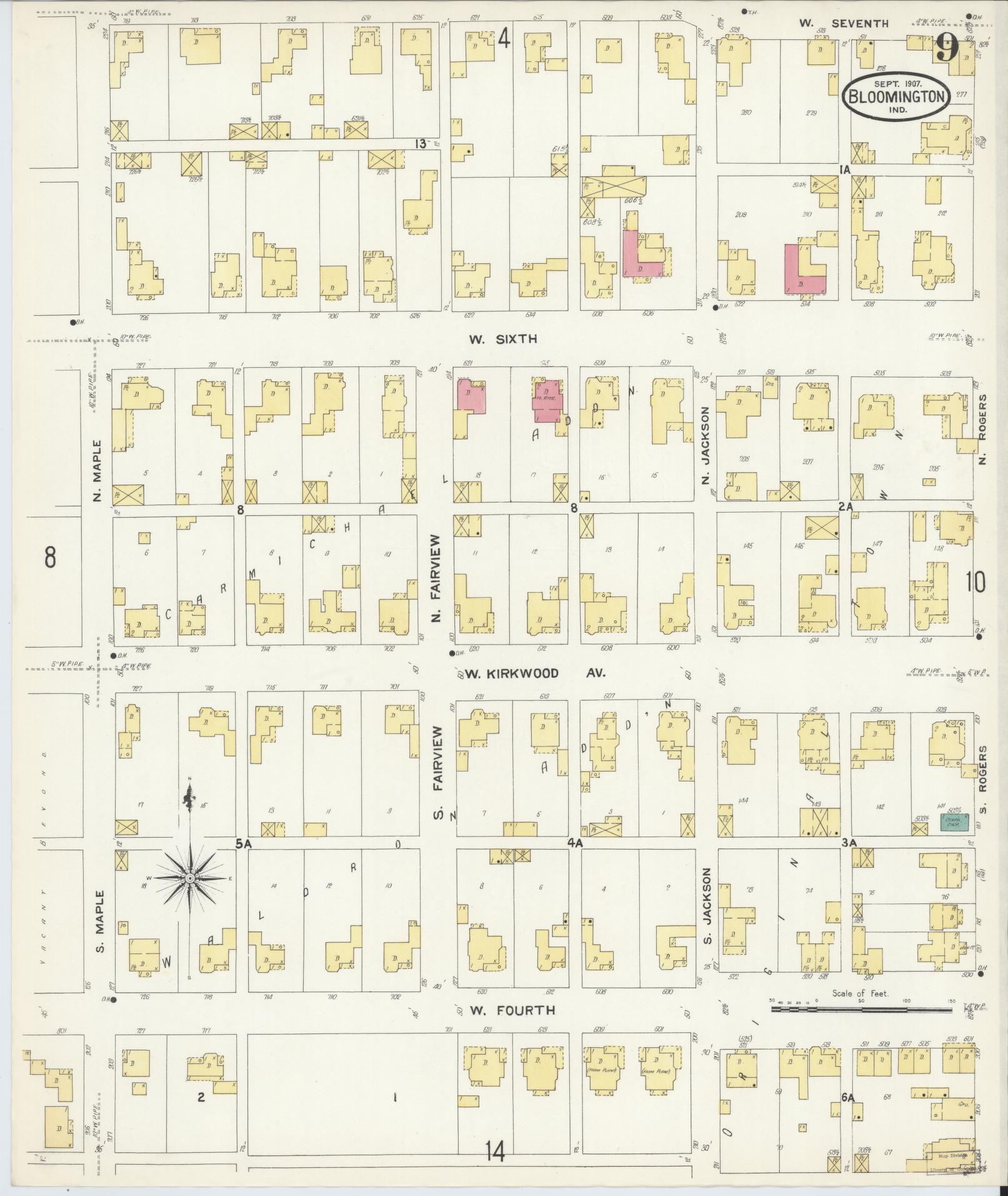 Sanborn Fire Insurance Map from Bloomington, Monroe County, Indiana (1907), Sheet #0009 - Complete Map Set gallery image, historic Sanborn map, vintage wall art, Indiana Indiana
