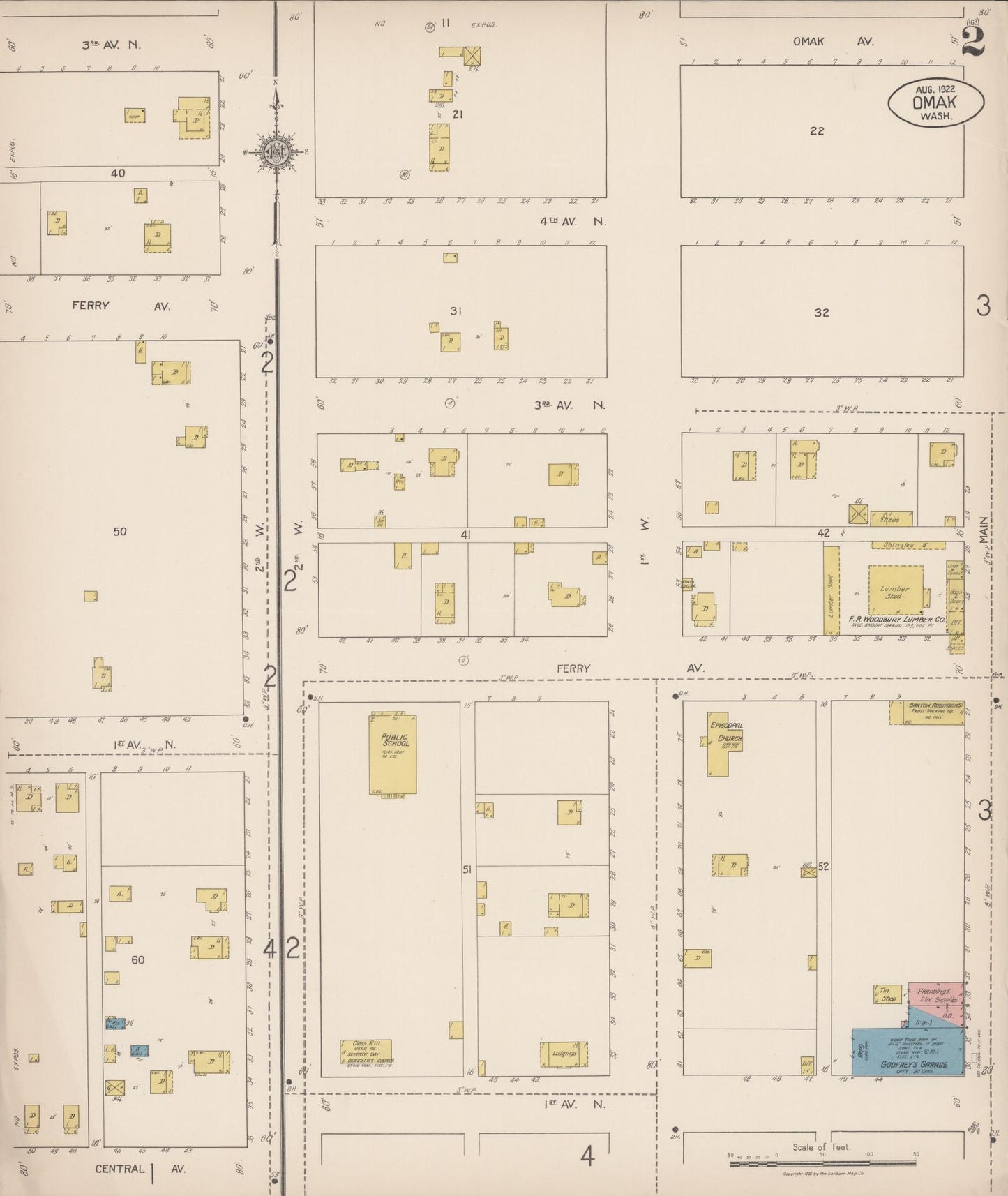 Sanborn Fire Insurance Map from Omak, Okanogan County, Washington (1922), Sheet #0002 - Complete Map Set gallery image, historic Sanborn map, vintage wall art, Washington Washington