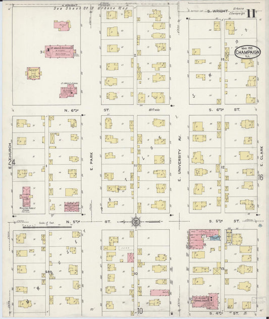 Sanborn Fire Insurance Map from Champaign, Champaign County, Illinois (1915), Sheet #0011 - Historic Sanborn Fire Insurance Map Print, vintage old map wall art, antique decor, genealogy gift, Illinois Illinois map