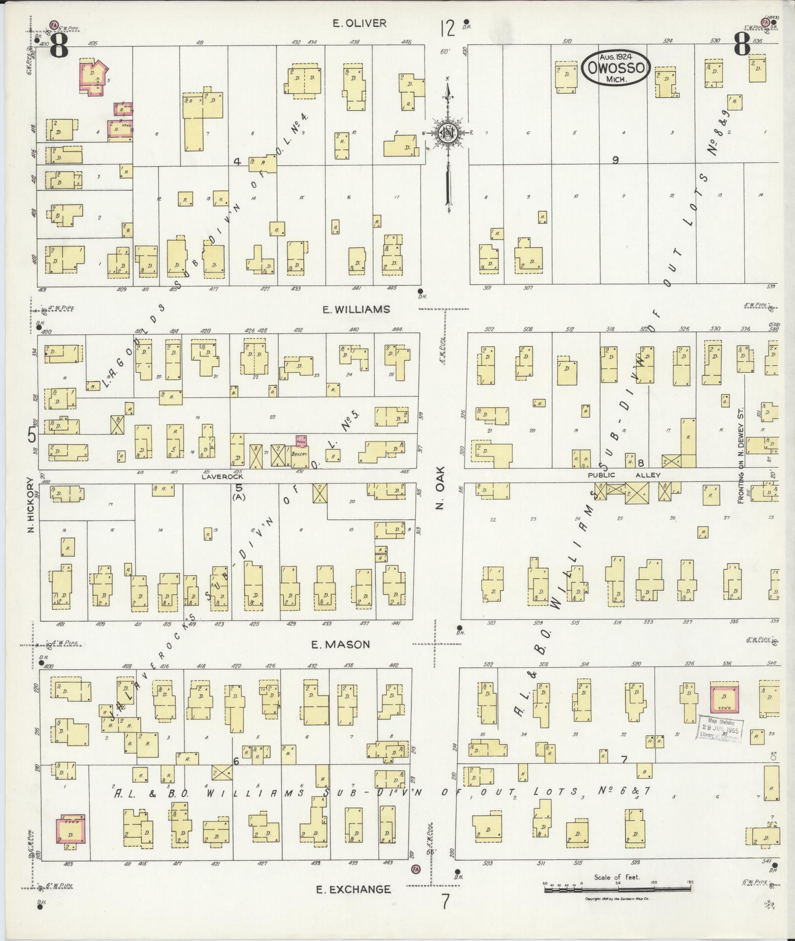 Sanborn Fire Insurance Map from Owosso, Shiawassee County, Michigan (1924), Sheet #0008 - Complete Map Set gallery image, historic Sanborn map, vintage wall art, Michigan Michigan