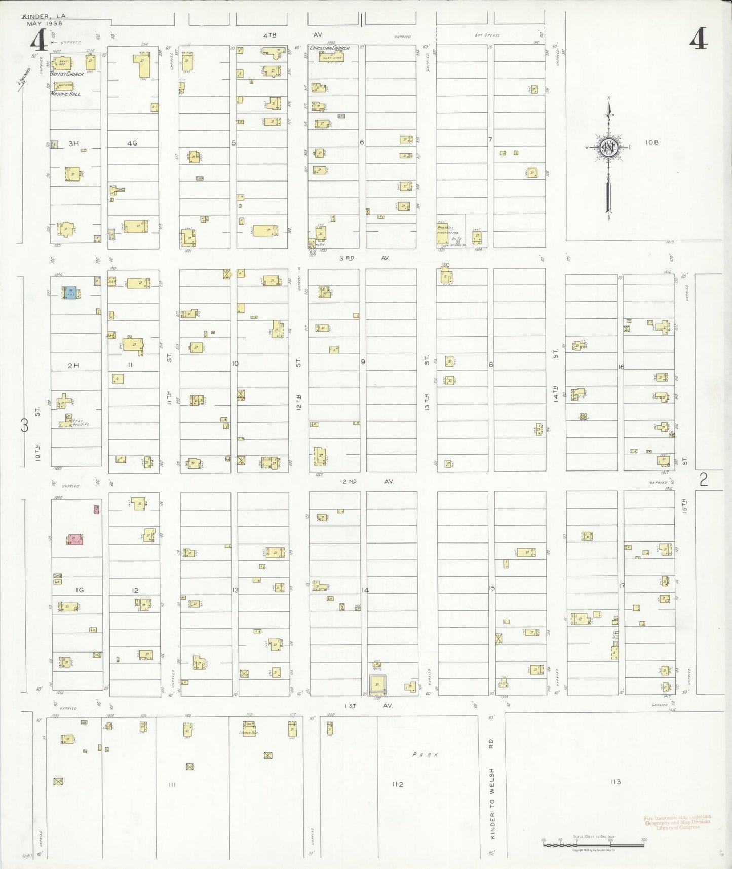 Sanborn Fire Insurance Map from Kinder, Allen Parish, Louisiana (1938), Sheet #0004 - Complete Map Set gallery image, historic Sanborn map, vintage wall art, Louisiana Louisiana
