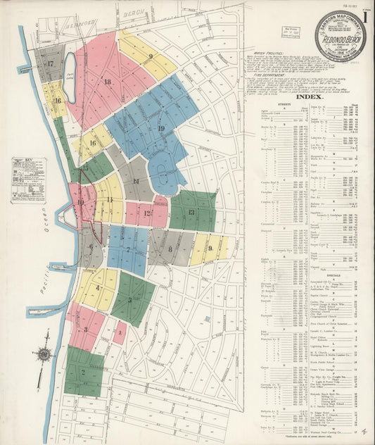 Sanborn Fire Insurance Map from Redondo Beach, Los Angeles County, California (1916), Sheet #0001 - Complete Map Set gallery image, historic Sanborn map, vintage wall art, California California