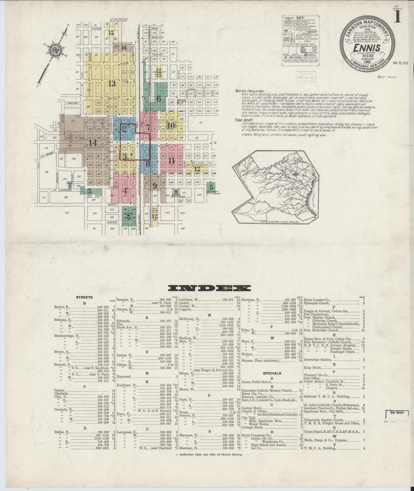 Sanborn Fire Insurance Map from Ennis, Ellis County, Texas (1915), Sheet #0001 - Historic Sanborn Fire Insurance Map Print, vintage old map wall art, antique decor, genealogy gift, Texas Texas map