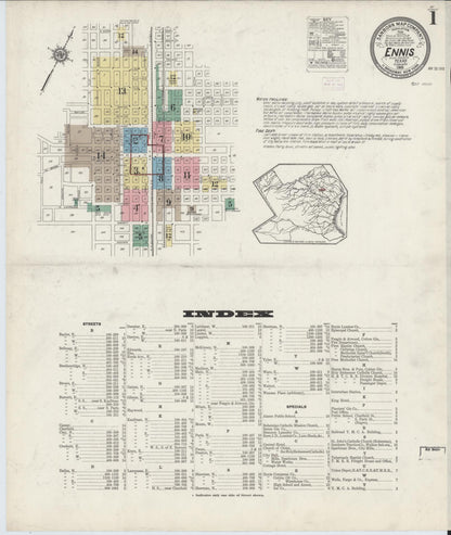 Sanborn Fire Insurance Map from Ennis, Ellis County, Texas (1915), Sheet #0001 - Historic Sanborn Fire Insurance Map Print, vintage old map wall art, antique decor, genealogy gift, Texas Texas map