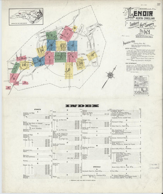 Sanborn Fire Insurance Map from Lenoir, Caldwell County, North Carolina (1921), Sheet #0001 - Complete Map Set gallery image, historic Sanborn map, vintage wall art, North Carolina North Carolina