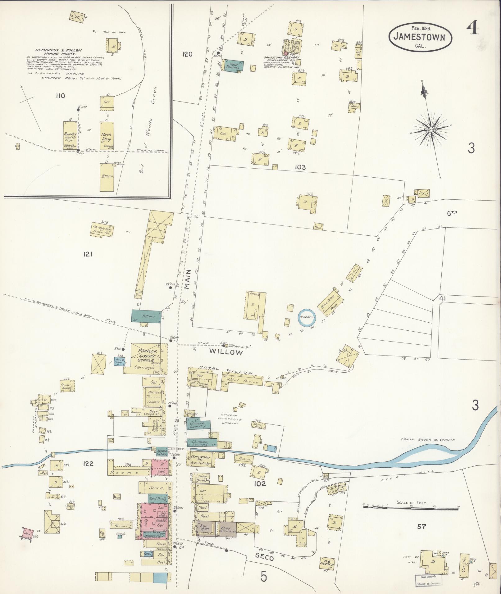 Sanborn Fire Insurance Map from Jamestown, Tuolumne County, California (1898), Sheet #0004 - Historic Sanborn Fire Insurance Map Print, vintage old map wall art, antique decor, genealogy gift, California California map