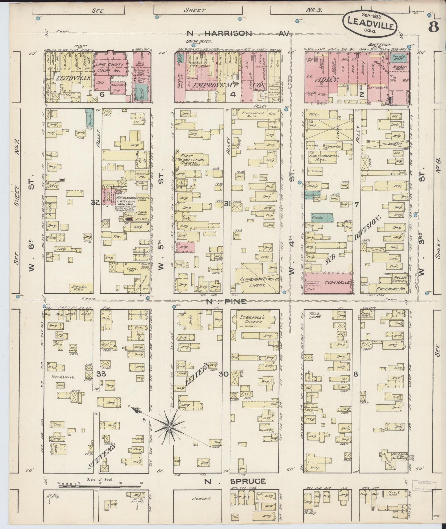 Sanborn Fire Insurance Map from Leadville, Lake County, Colorado (1883), Sheet #0008 - Historic Sanborn Fire Insurance Map Print, vintage old map wall art, antique decor, genealogy gift, Colorado Colorado map