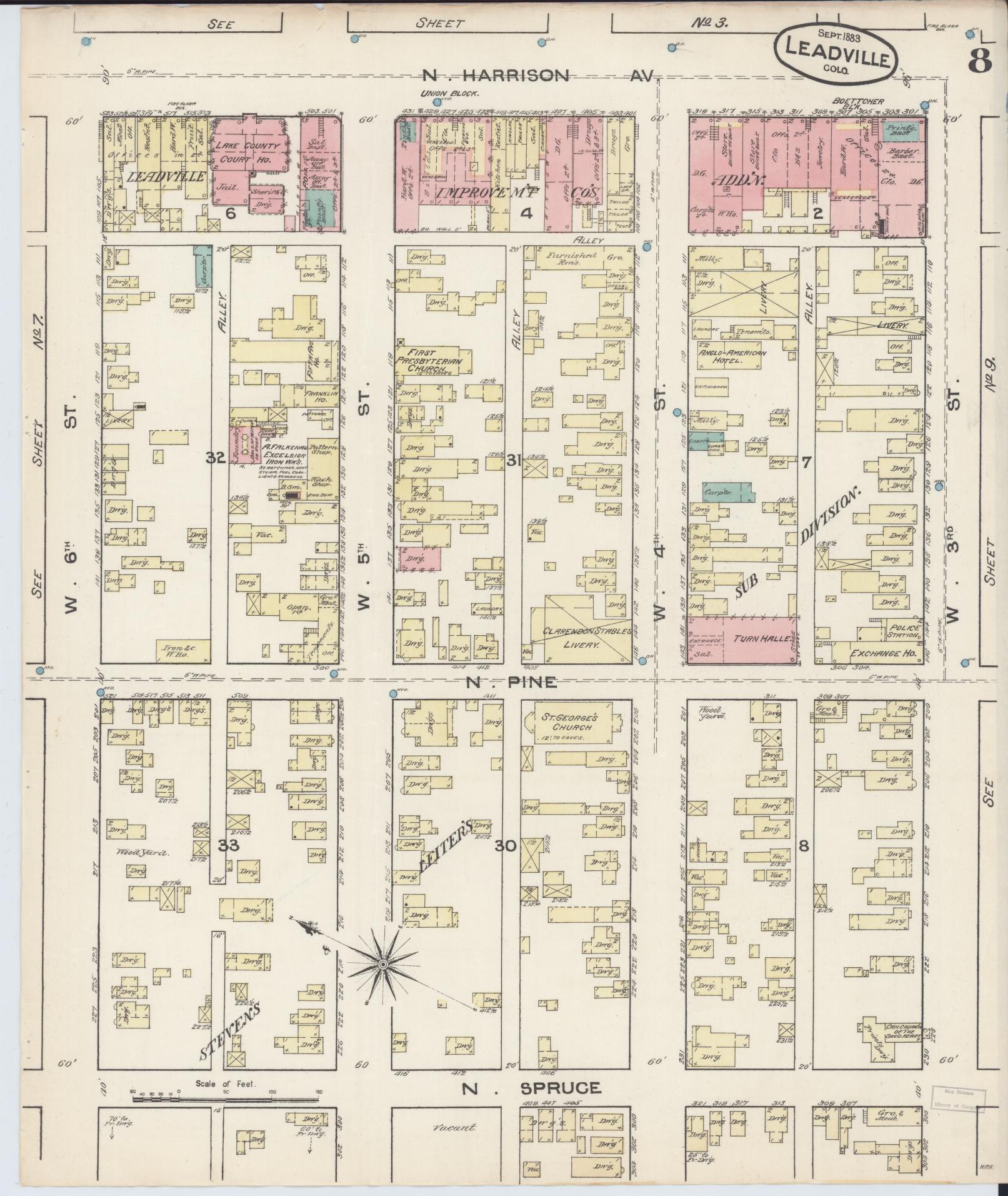 Sanborn Fire Insurance Map from Leadville, Lake County, Colorado (1883), Sheet #0008 - Historic Sanborn Fire Insurance Map Print, vintage old map wall art, antique decor, genealogy gift, Colorado Colorado map