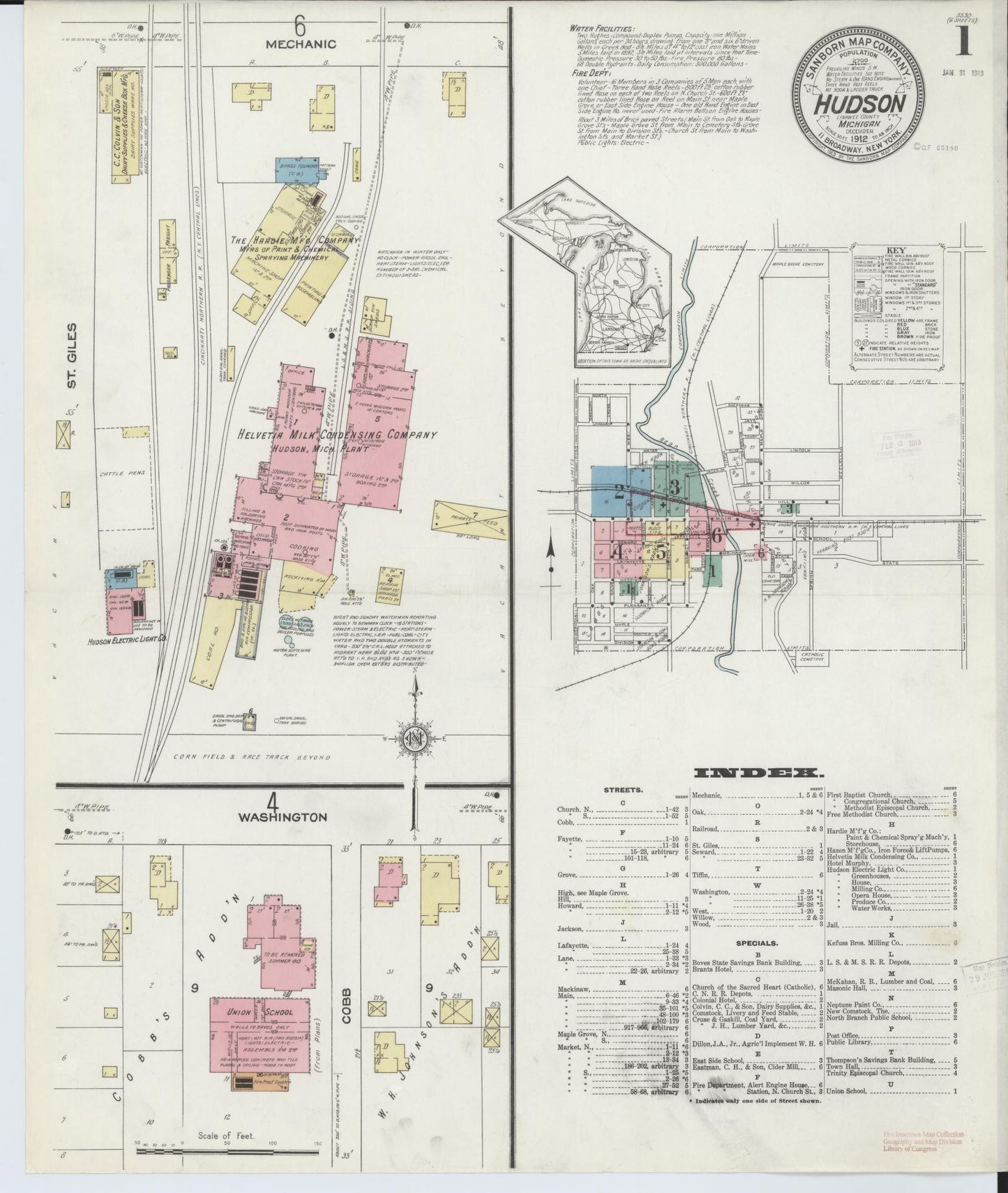 Sanborn Fire Insurance Map from Hudson, Lenawee County, Michigan (1912), Sheet #0001 - Complete Map Set gallery image, historic Sanborn map, vintage wall art, Michigan Michigan