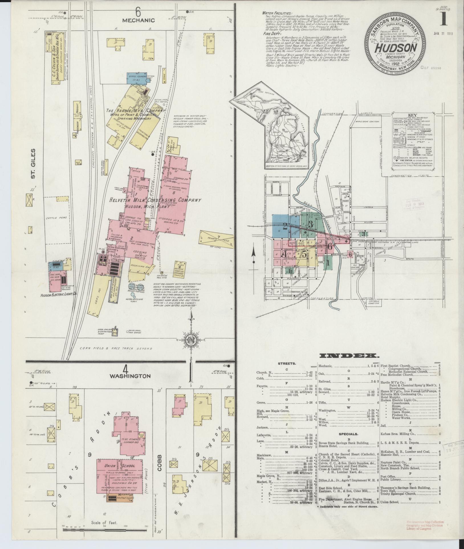 Sanborn Fire Insurance Map from Hudson, Lenawee County, Michigan (1912), Sheet #0001 - Complete Map Set gallery image, historic Sanborn map, vintage wall art, Michigan Michigan