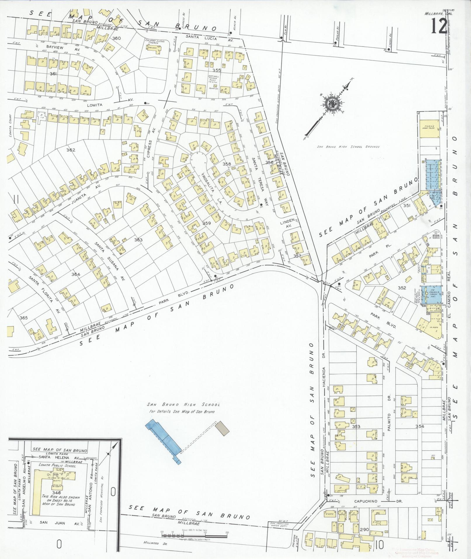 Sanborn Fire Insurance Map from Millbrae, San Mateo County, California (1949), Sheet #0012 - Historic Sanborn Fire Insurance Map Print, vintage old map wall art, antique decor, genealogy gift, California California map
