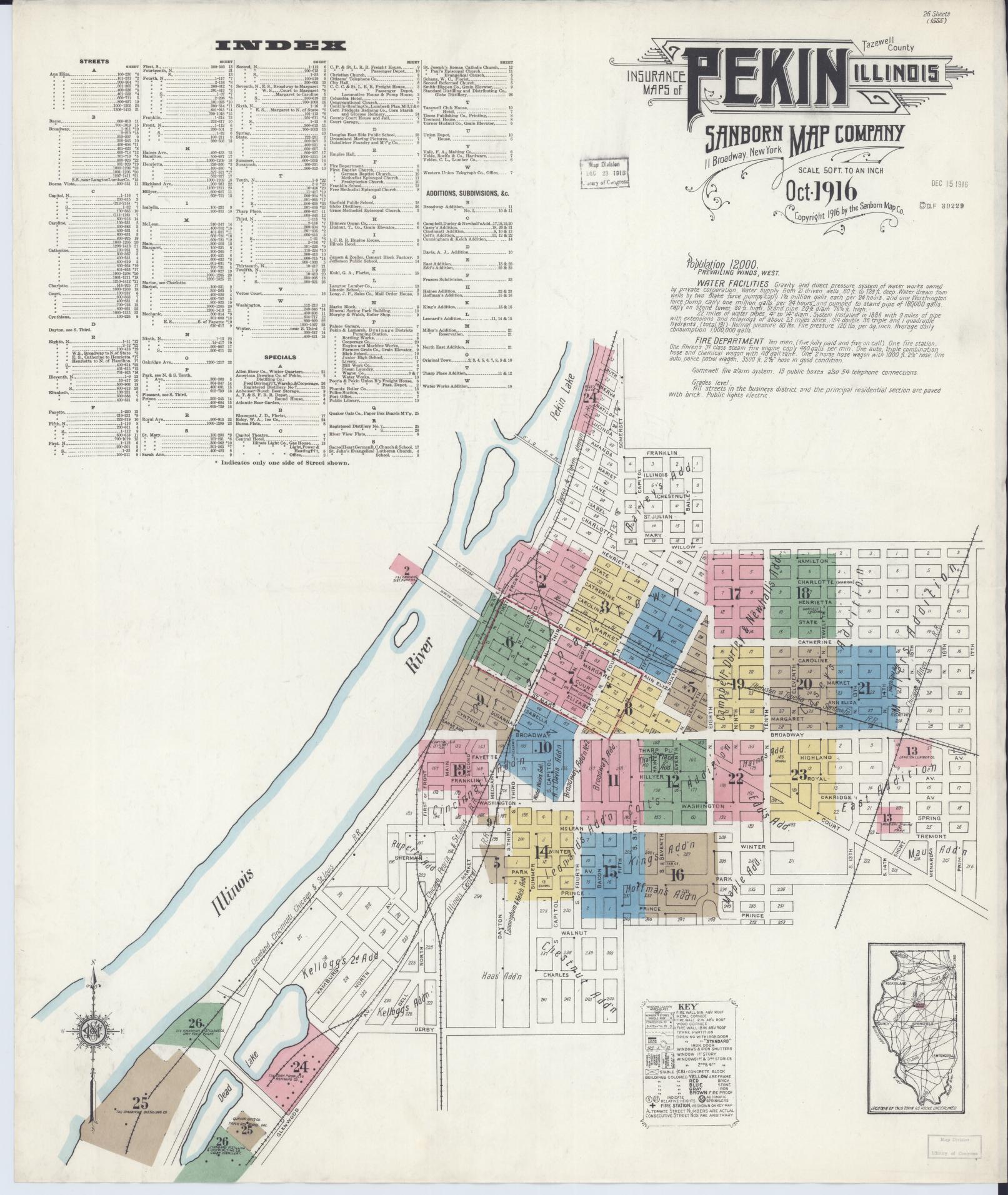 Sanborn Fire Insurance Map from Pekin, Tazewell County, Illinois (1916), Sheet #0001 - Complete Map Set gallery image, historic Sanborn map, vintage wall art, Illinois Illinois