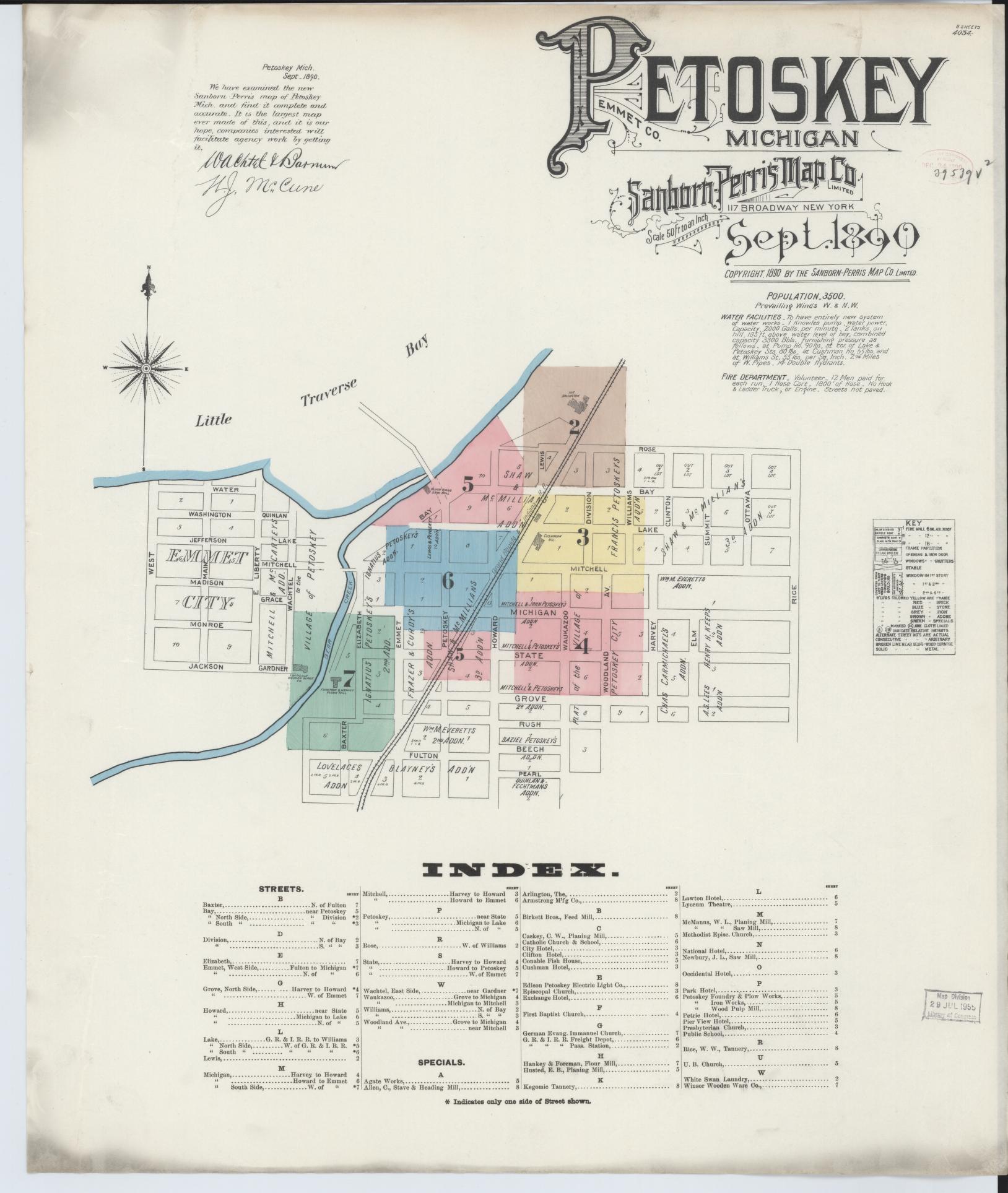 Sanborn Fire Insurance Map from Petoskey, Emmet County, Michigan (1890), Sheet #0001 - Historic Sanborn Fire Insurance Map Print, vintage old map wall art, antique decor, genealogy gift, Michigan Michigan map