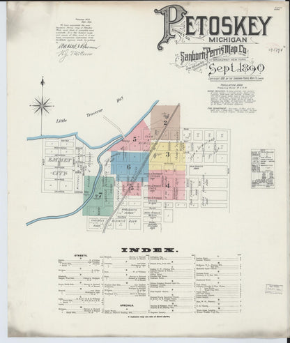 Sanborn Fire Insurance Map from Petoskey, Emmet County, Michigan (1890), Sheet #0001 - Historic Sanborn Fire Insurance Map Print, vintage old map wall art, antique decor, genealogy gift, Michigan Michigan map