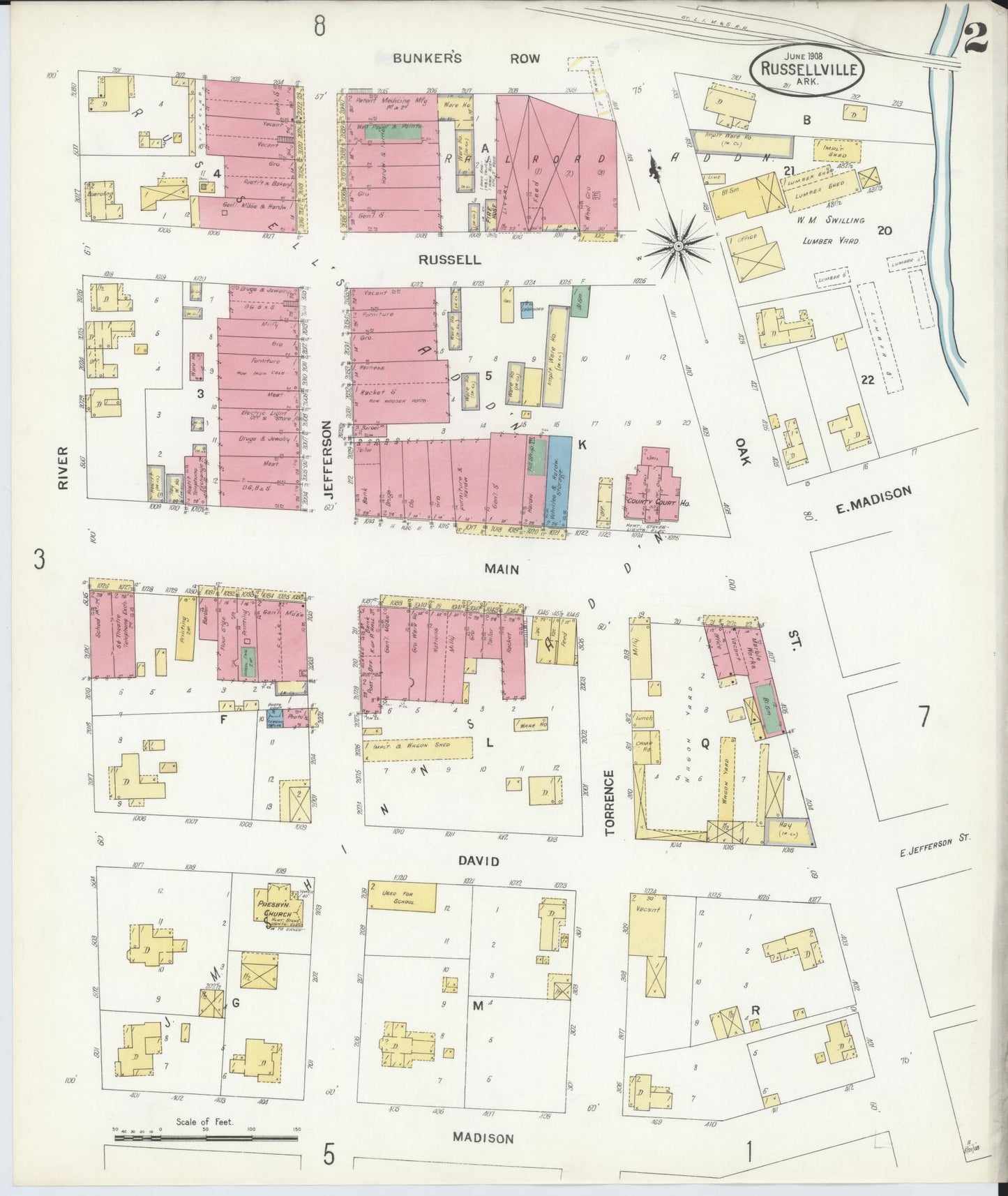 Sanborn Fire Insurance Map from Russellville, Pope County, Arkansas (1908), Sheet #0002 - Complete Map Set gallery image, historic Sanborn map, vintage wall art, Arkansas Arkansas