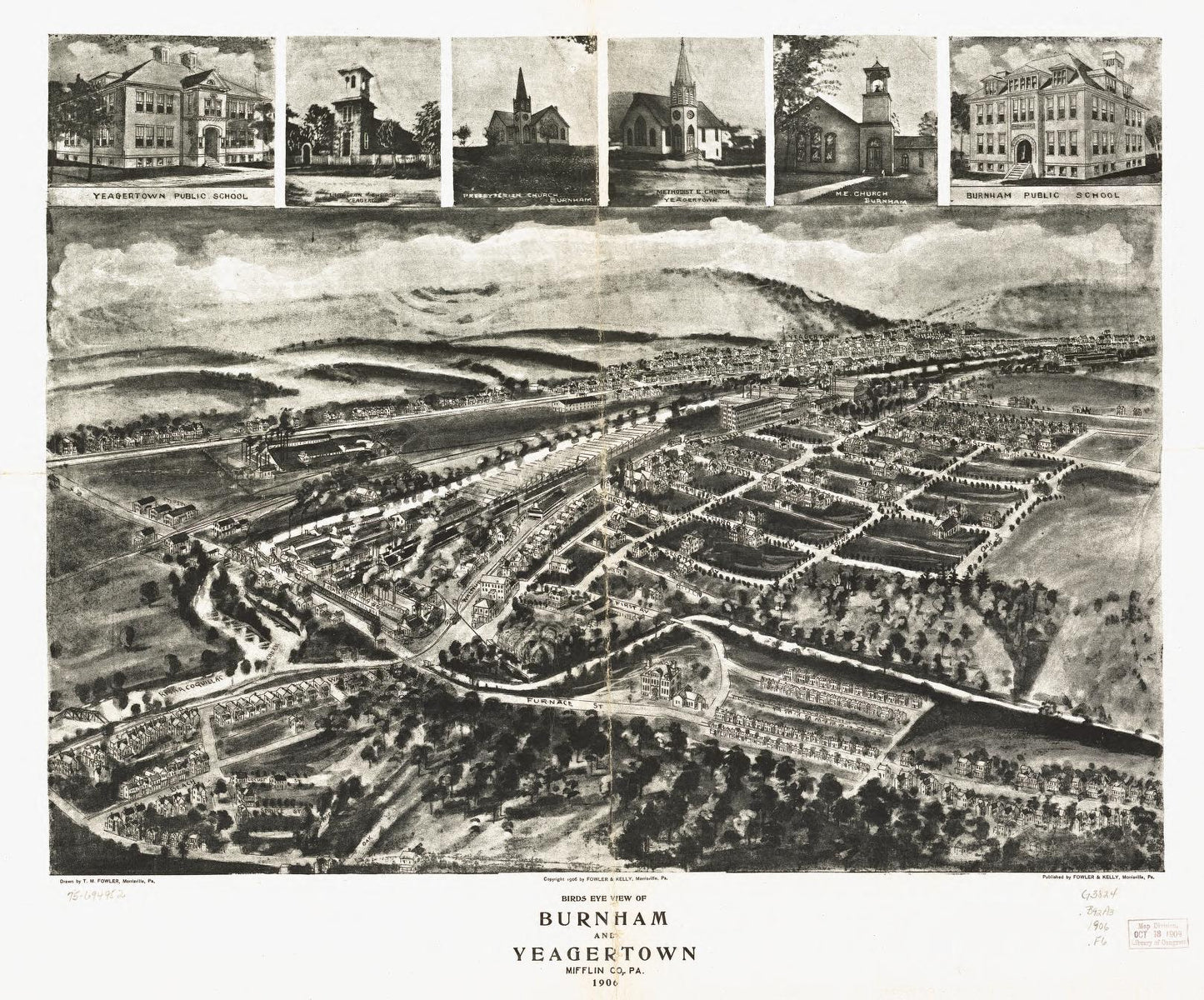 Birds eye view of Burnham and Yeagertown, Mifflin Co., Pa. 1906. (1906) – Historic Bird’s-Eye View Panorama Print