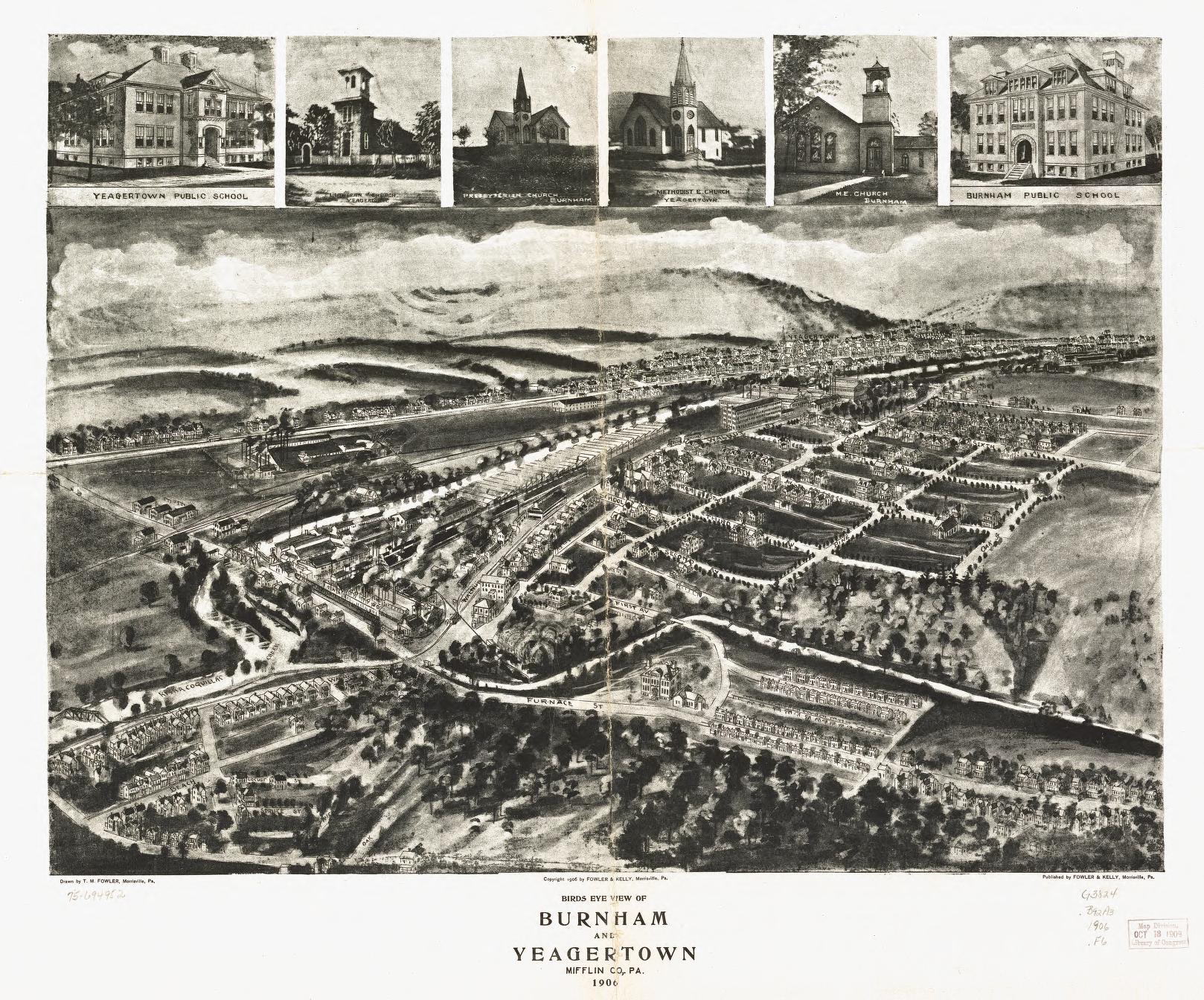 Birds eye view of Burnham and Yeagertown, Mifflin Co., Pa. 1906. (1906) – Historic Bird’s-Eye View Panorama Print
