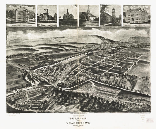 Birds eye view of Burnham and Yeagertown, Mifflin Co., Pa. 1906. (1906) – Historic Bird’s-Eye View Panorama Print