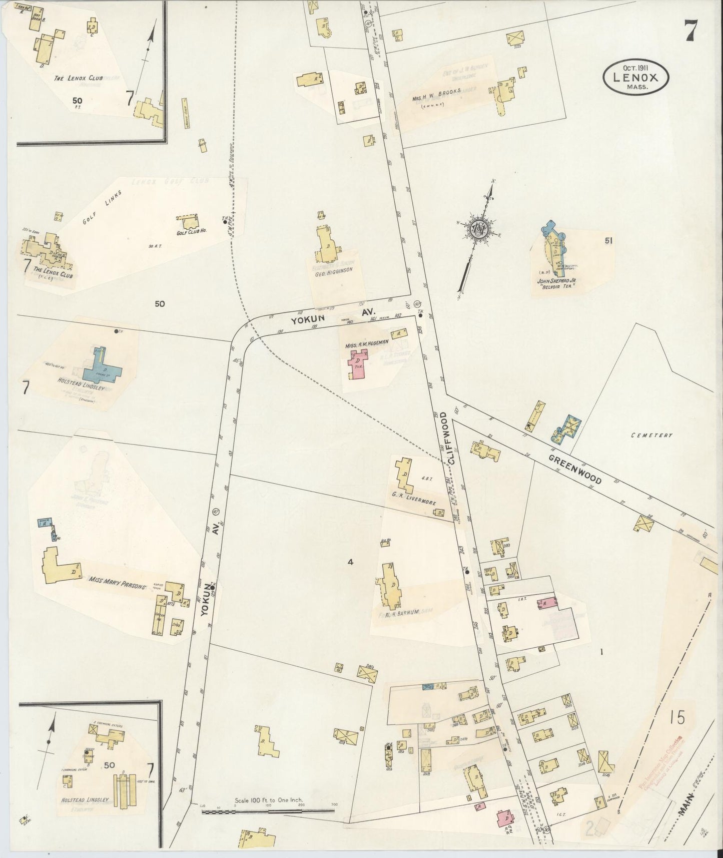 Sanborn Fire Insurance Map from Lenox, Berkshire County, Massachusetts (1939), Sheet #0007 - Historic Sanborn Fire Insurance Map Print, vintage old map wall art, antique decor, genealogy gift, Massachusetts Massachusetts map