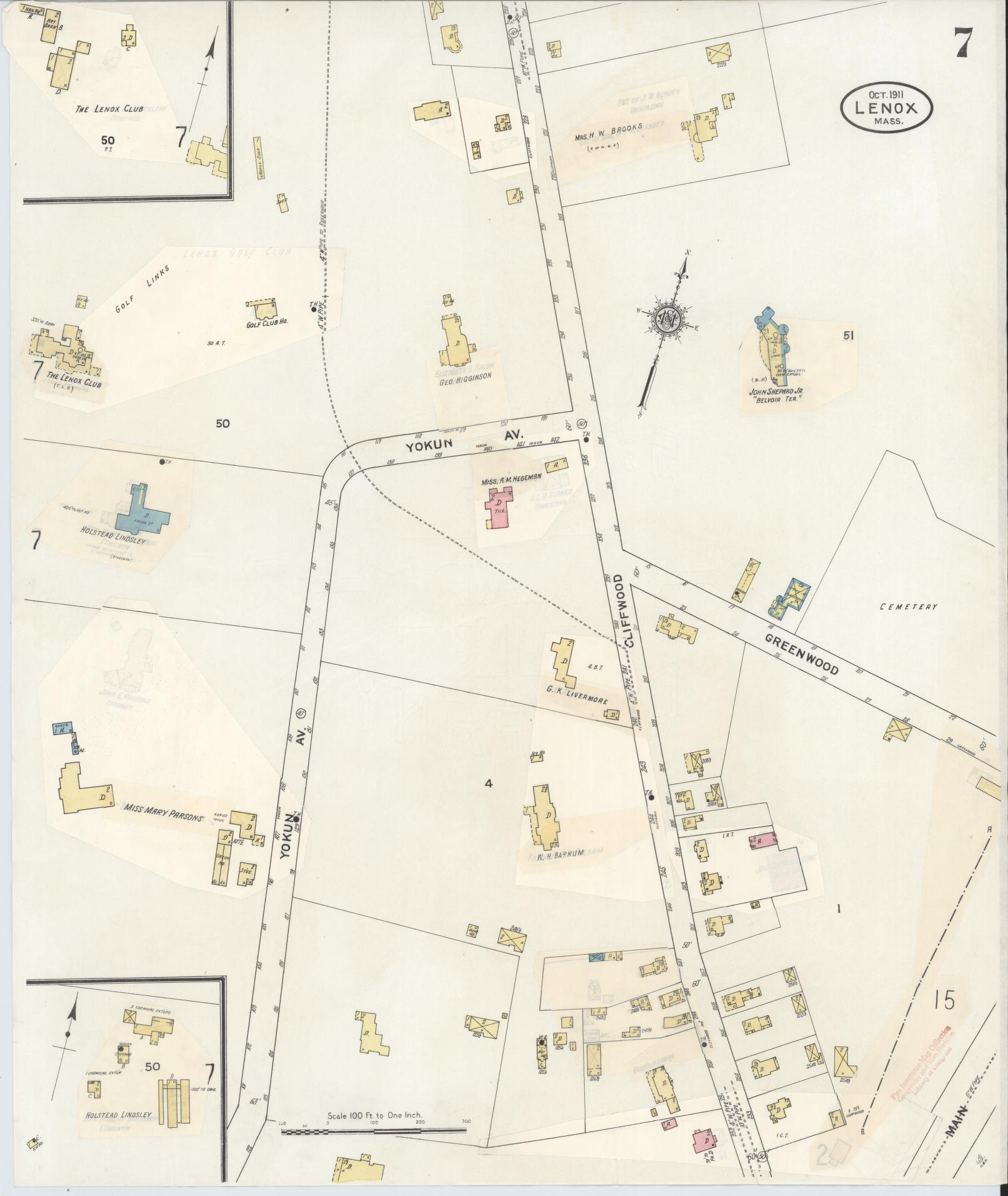 Sanborn Fire Insurance Map from Lenox, Berkshire County, Massachusetts (1939), Sheet #0007 - Historic Sanborn Fire Insurance Map Print, vintage old map wall art, antique decor, genealogy gift, Massachusetts Massachusetts map
