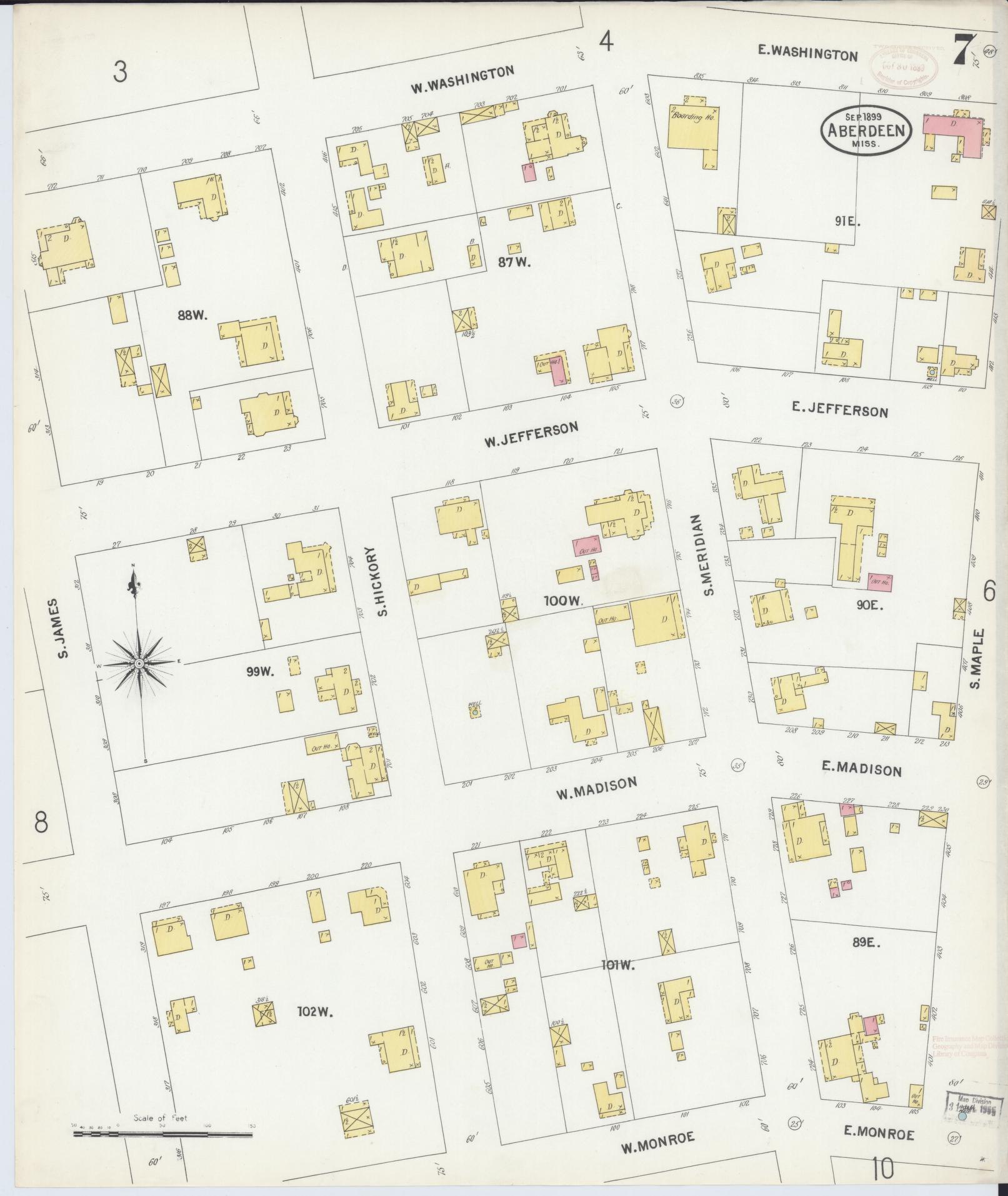 Sanborn Fire Insurance Map from Aberdeen, Monroe County, Mississippi (1899), Sheet #0007 - Complete Map Set gallery image, historic Sanborn map, vintage wall art, Mississippi Mississippi