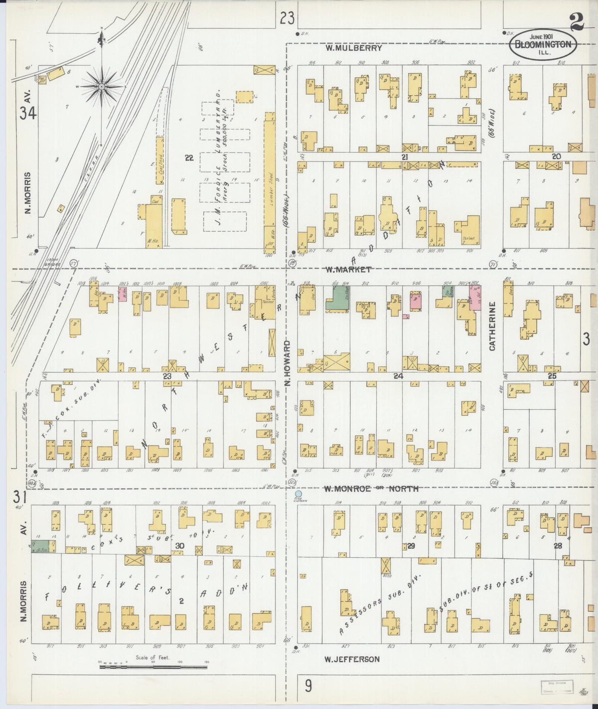 Sanborn Fire Insurance Map from Bloomington, McLean County, Illinois (1901), Sheet #0002 - Historic Sanborn Fire Insurance Map Print, vintage old map wall art, antique decor, genealogy gift, Illinois Illinois map