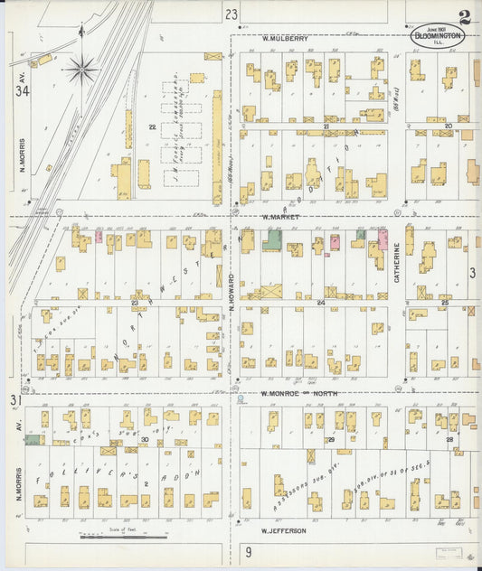 Sanborn Fire Insurance Map from Bloomington, McLean County, Illinois (1901), Sheet #0002 - Historic Sanborn Fire Insurance Map Print, vintage old map wall art, antique decor, genealogy gift, Illinois Illinois map