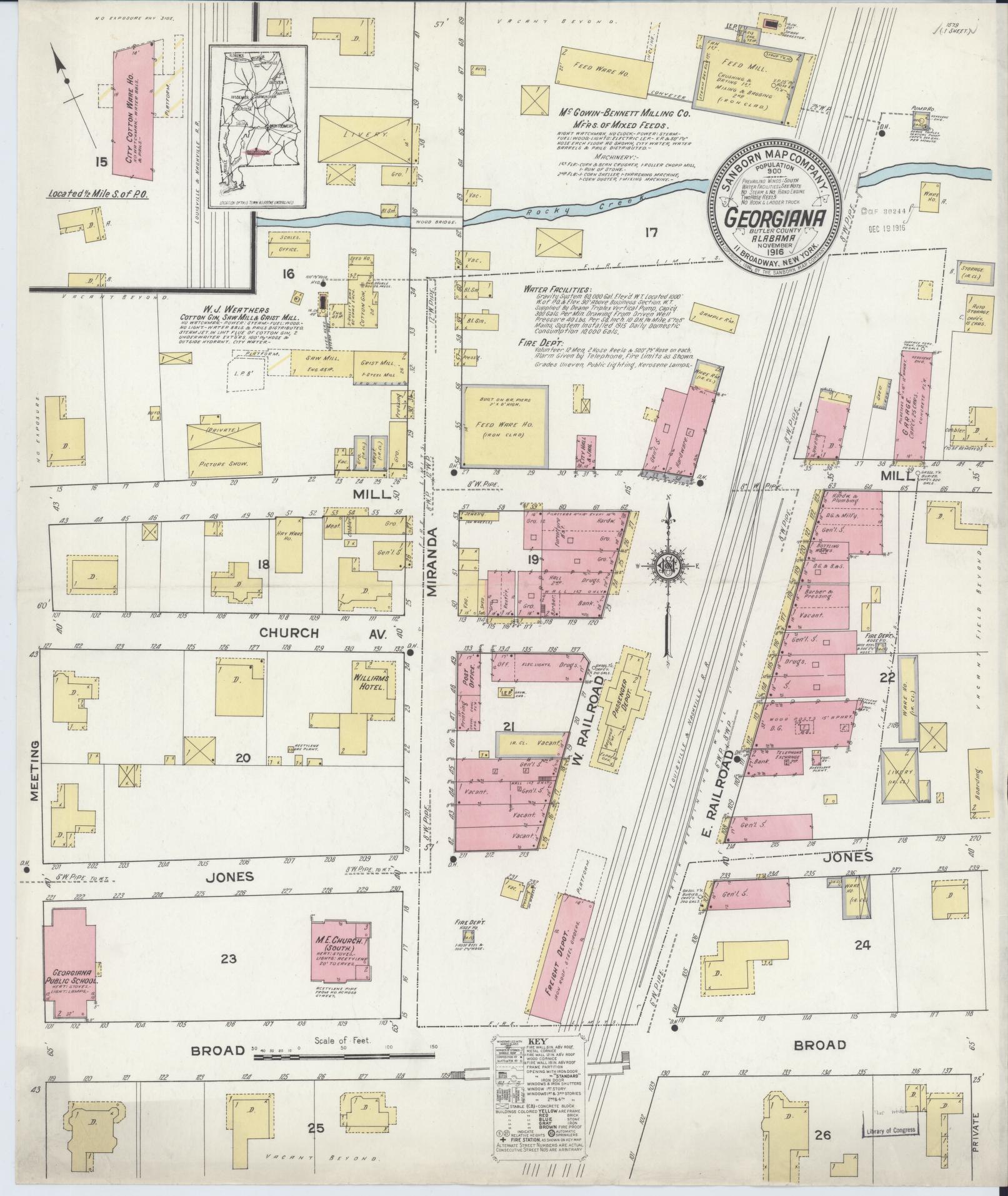 Sanborn Fire Insurance Map from Georgiana, Butler County, Alabama (1916), Sheet #0001 - Historic Sanborn Fire Insurance Map Print, vintage old map wall art, antique decor, genealogy gift, Alabama Alabama map