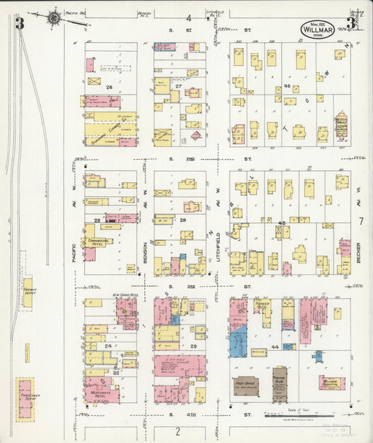 Sanborn Fire Insurance Map from Willmar, Kandiyohi County, Minnesota (1925), Sheet #0003 - Historic Sanborn Fire Insurance Map Print, vintage old map wall art, antique decor, genealogy gift, Minnesota Minnesota map