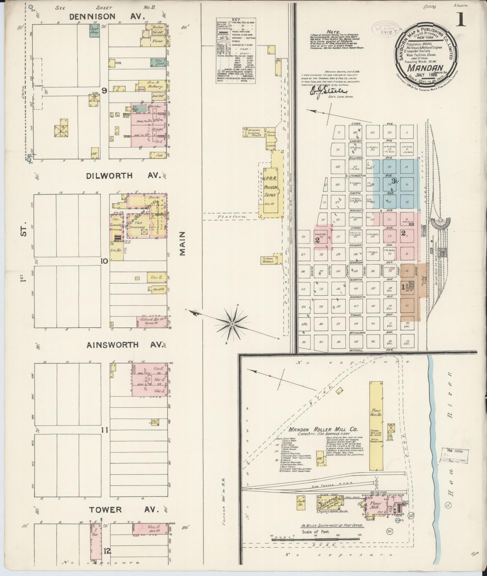 Sanborn Fire Insurance Map from Mandan, Morton County, North Dakota (1888), Sheet #0001 - Historic Sanborn Fire Insurance Map Print, vintage old map wall art, antique decor, genealogy gift, North Dakota North Dakota map