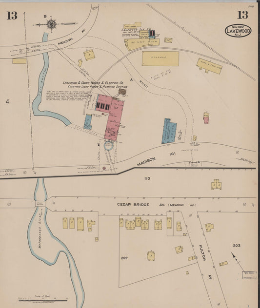 Sanborn Fire Insurance Map from Lakewood, Ocean County, New Jersey (1922), Sheet #0013 - Historic Sanborn Fire Insurance Map Print, vintage old map wall art, antique decor, genealogy gift, New Jersey New Jersey map