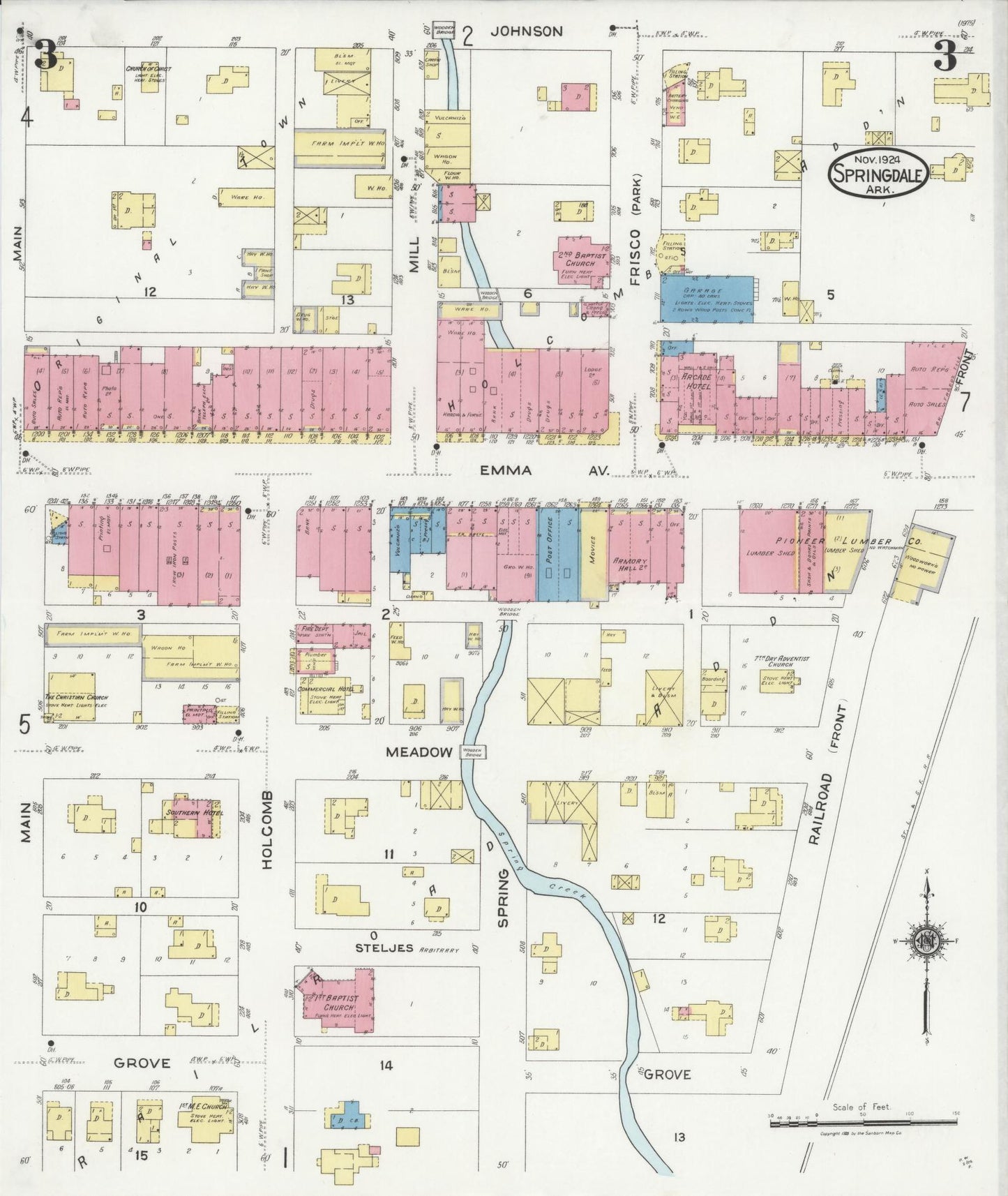 Sanborn Fire Insurance Map from Springdale, Washington County, Arkansas (1924), Sheet #0003 - Complete Map Set gallery image, historic Sanborn map, vintage wall art, Arkansas Arkansas