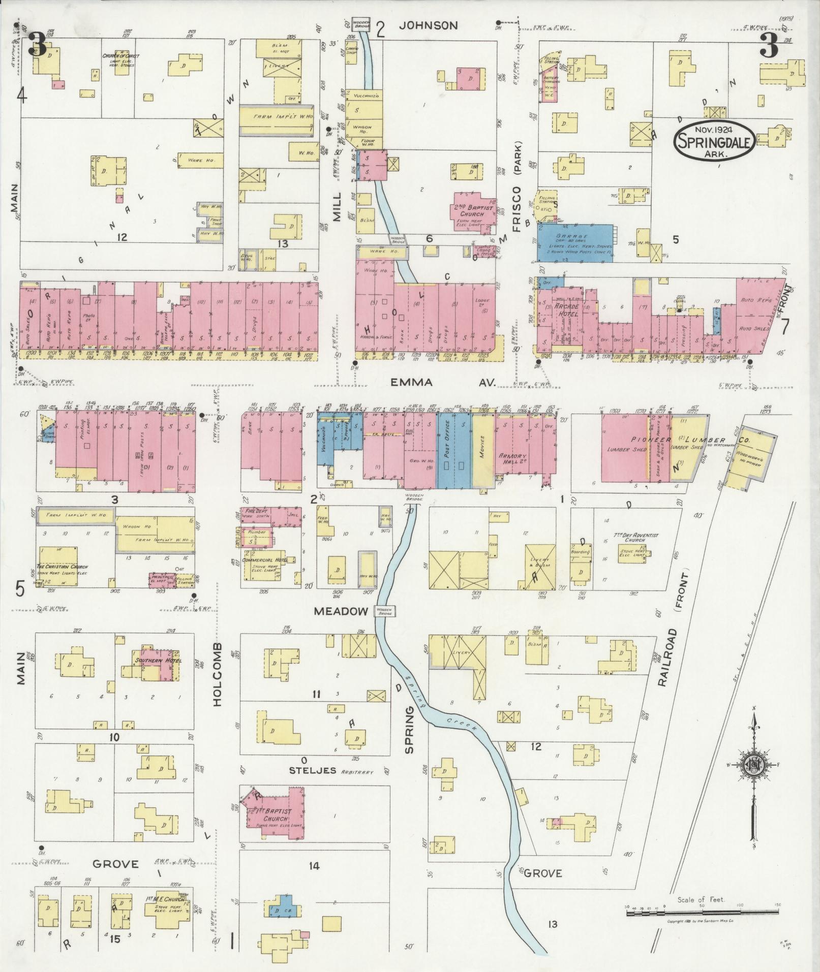 Sanborn Fire Insurance Map from Springdale, Washington County, Arkansas (1924), Sheet #0003 - Complete Map Set gallery image, historic Sanborn map, vintage wall art, Arkansas Arkansas