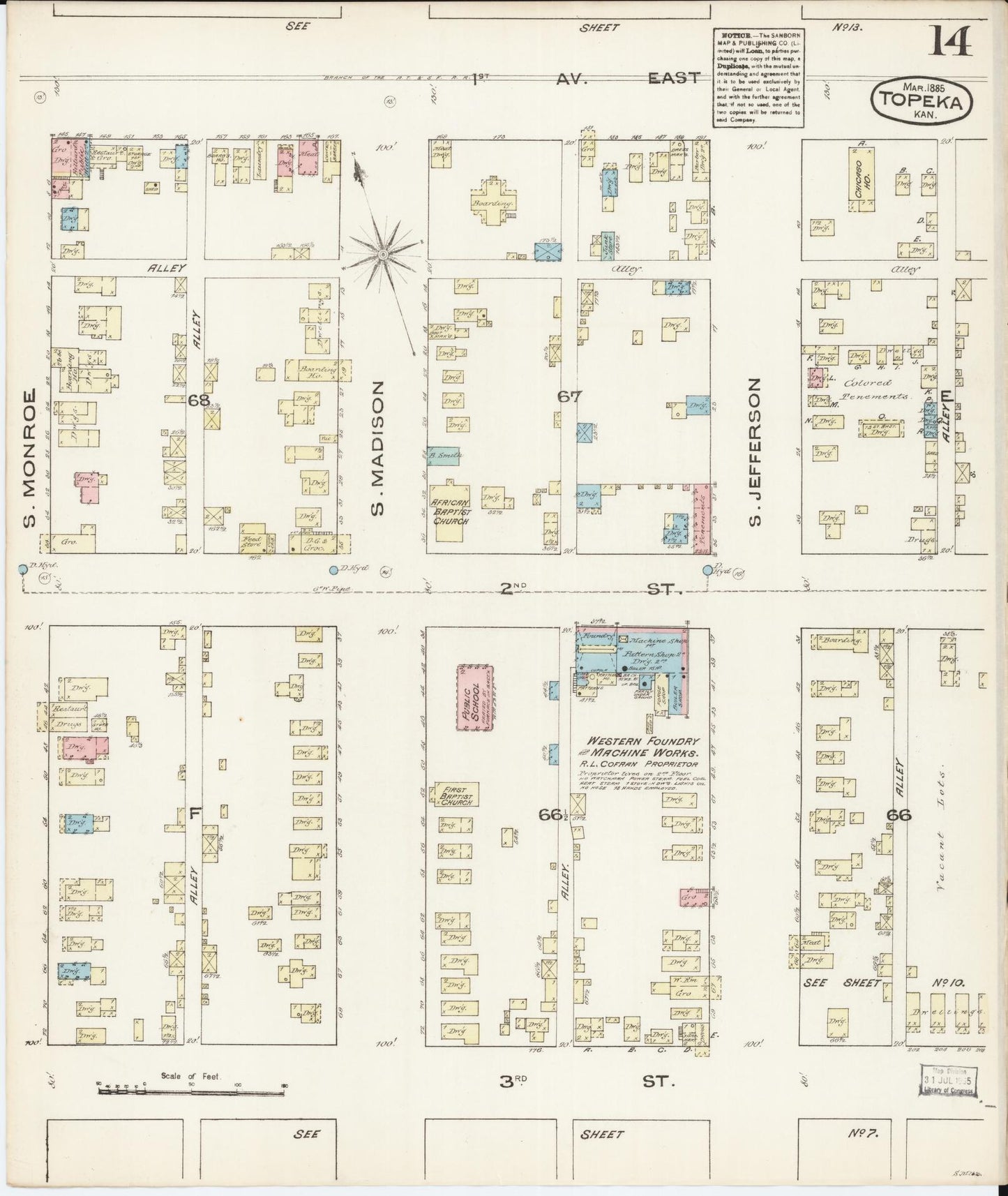 Sanborn Fire Insurance Map from Topeka, Shawnee County, Kansas (1885), Sheet #0014 - Complete Map Set gallery image, historic Sanborn map, vintage wall art, Kansas Kansas