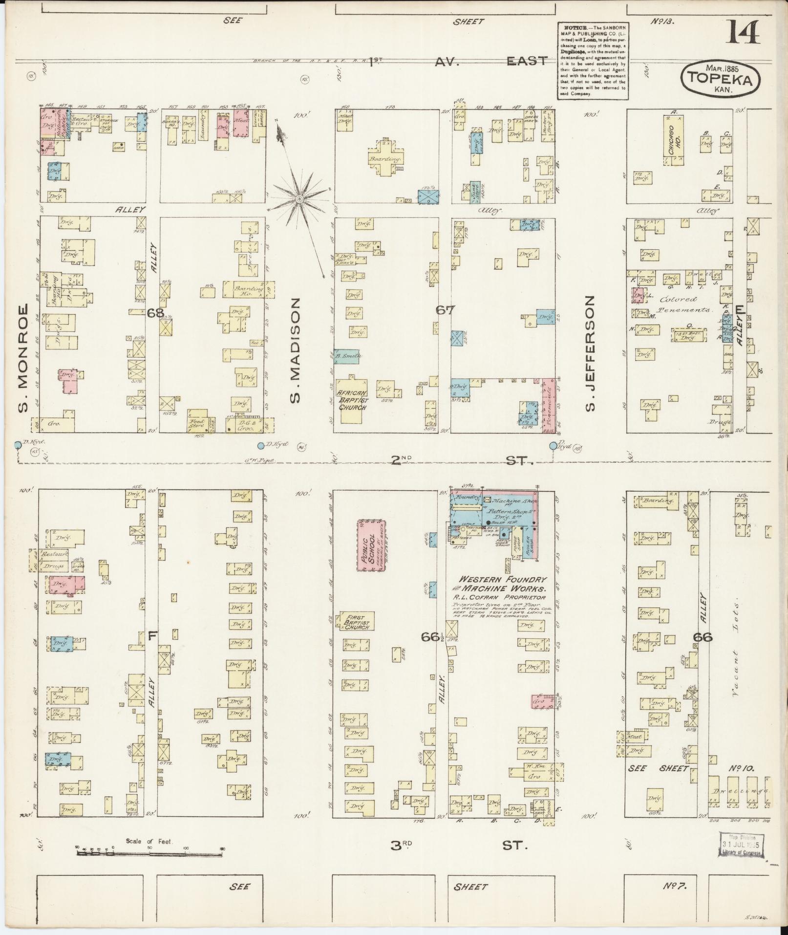 Sanborn Fire Insurance Map from Topeka, Shawnee County, Kansas (1885), Sheet #0014 - Complete Map Set gallery image, historic Sanborn map, vintage wall art, Kansas Kansas
