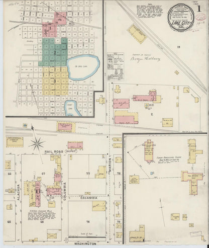 Sanborn Fire Insurance Map from Lake City, Columbia County, Florida (1895), Sheet #0001 - Historic Sanborn Fire Insurance Map Print, vintage old map wall art, antique decor, genealogy gift, Florida Florida map