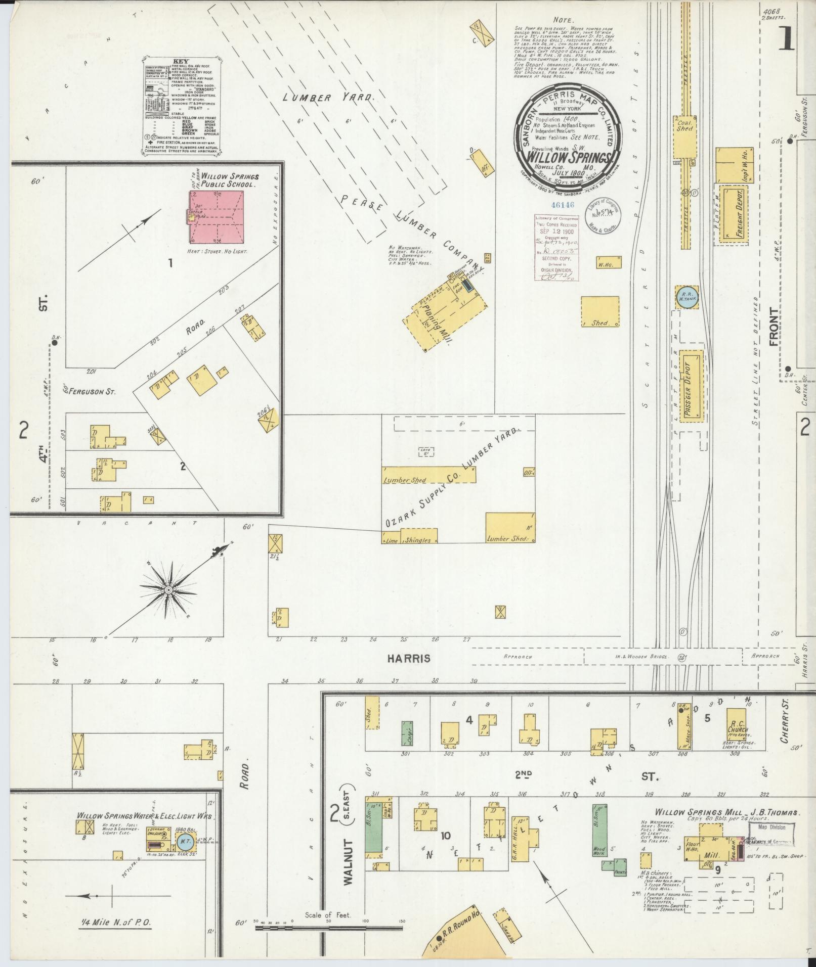 Sanborn Fire Insurance Map from Willow Springs, Howell County, Missouri (1900), Sheet #0001 - Historic Sanborn Fire Insurance Map Print, vintage old map wall art, antique decor, genealogy gift, Missouri Missouri map